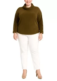 Feather Cozy Rib Cowl Neck Gold Button Sleeve