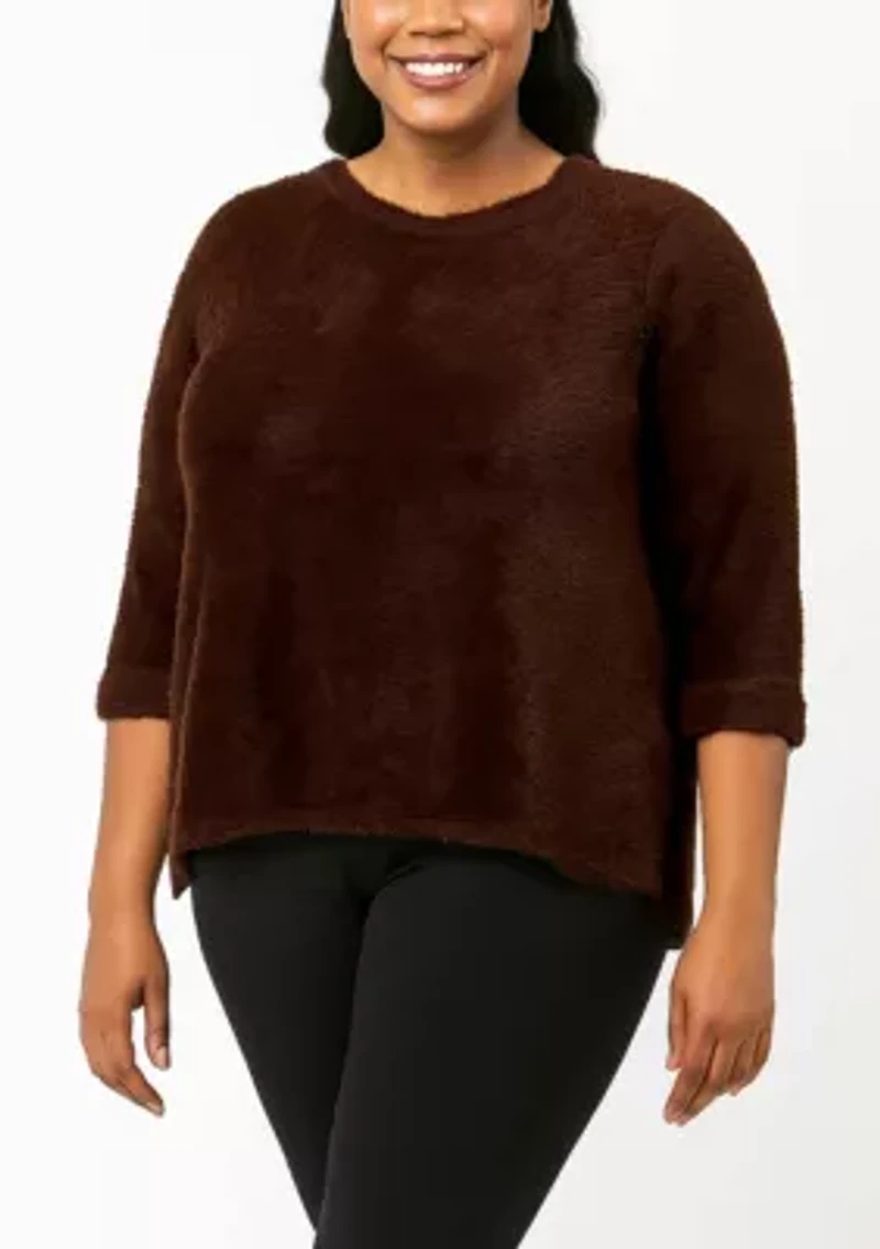 Feather Cozy Rib Crew Neck Step Hem Gold Button 3Q Rolled Sleeve