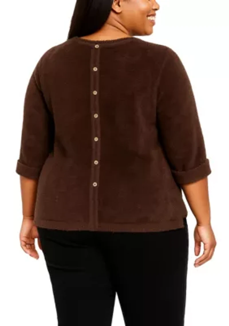 Feather Cozy Rib Crew Neck Step Hem Gold Button 3Q Rolled Sleeve