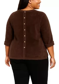 Feather Cozy Rib Crew Neck Step Hem Gold Button 3Q Rolled Sleeve