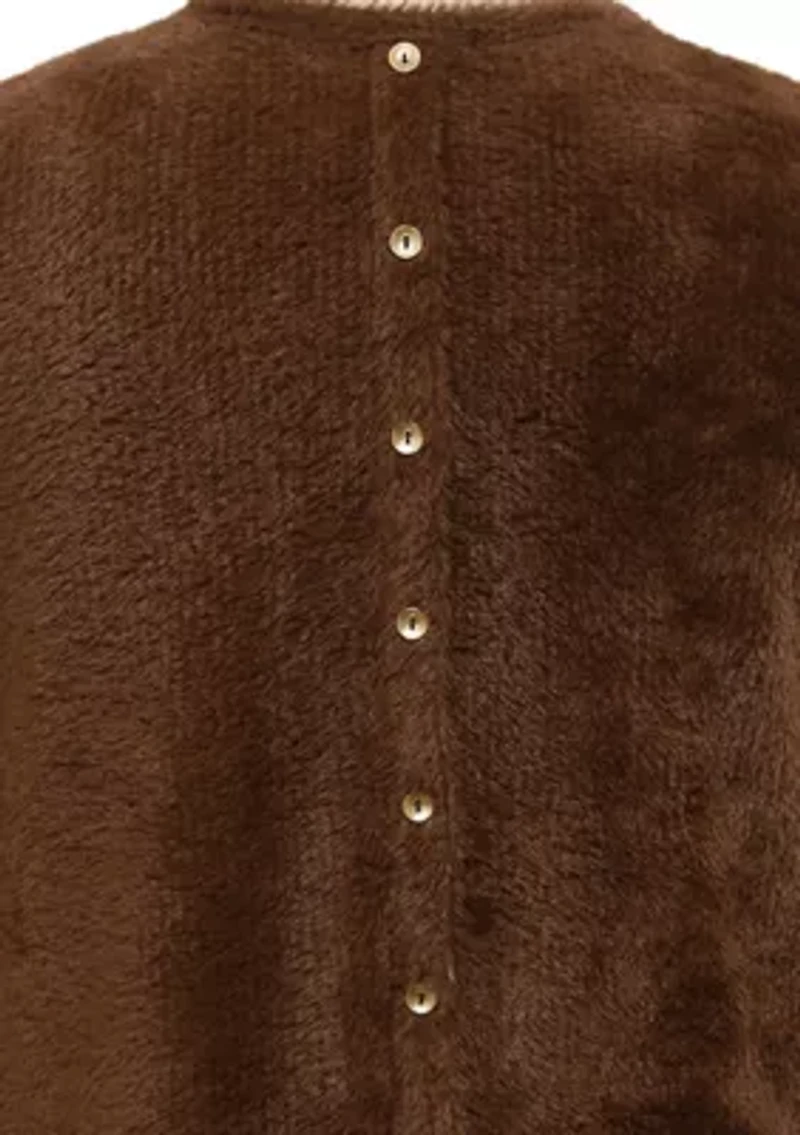 Feather Cozy Rib Crew Neck Step Hem Gold Button 3Q Rolled Sleeve