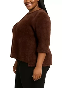 Feather Cozy Rib Crew Neck Step Hem Gold Button 3Q Rolled Sleeve