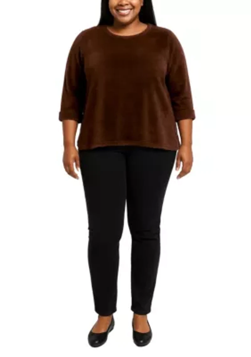 Feather Cozy Rib Crew Neck Step Hem Gold Button 3Q Rolled Sleeve