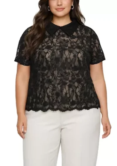Scallop Edge Lace Collar Short Sleeve Back Keyhole