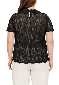 Scallop Edge Lace Collar Short Sleeve Back Keyhole