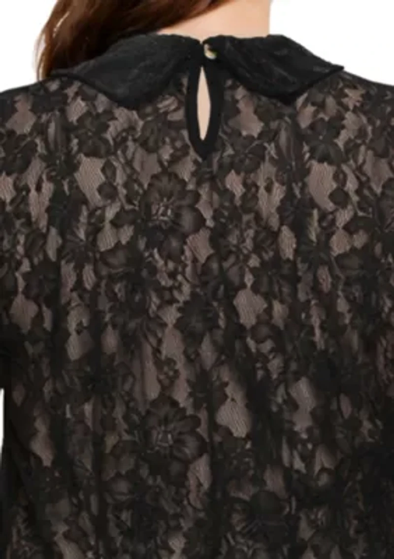 Scallop Edge Lace Collar Short Sleeve Back Keyhole
