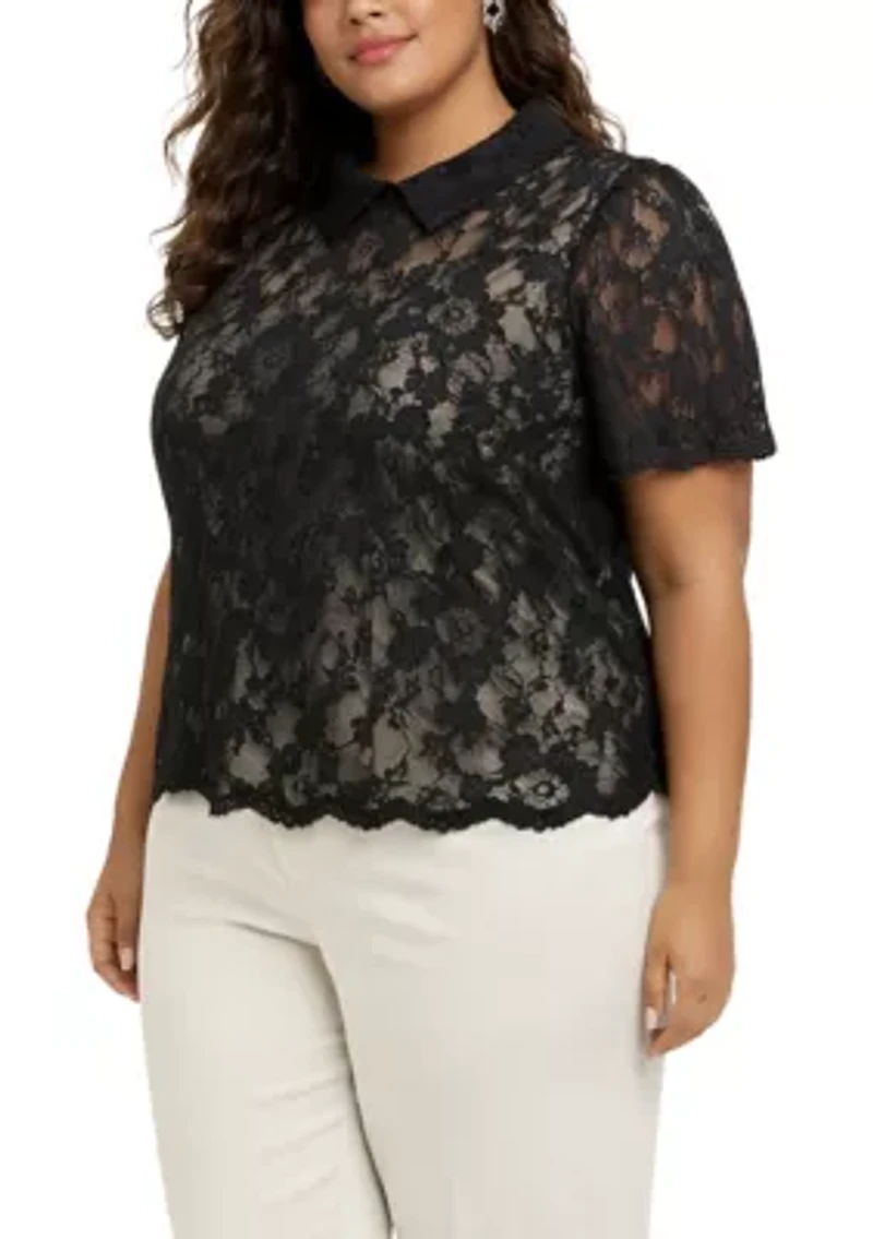 Scallop Edge Lace Collar Short Sleeve Back Keyhole