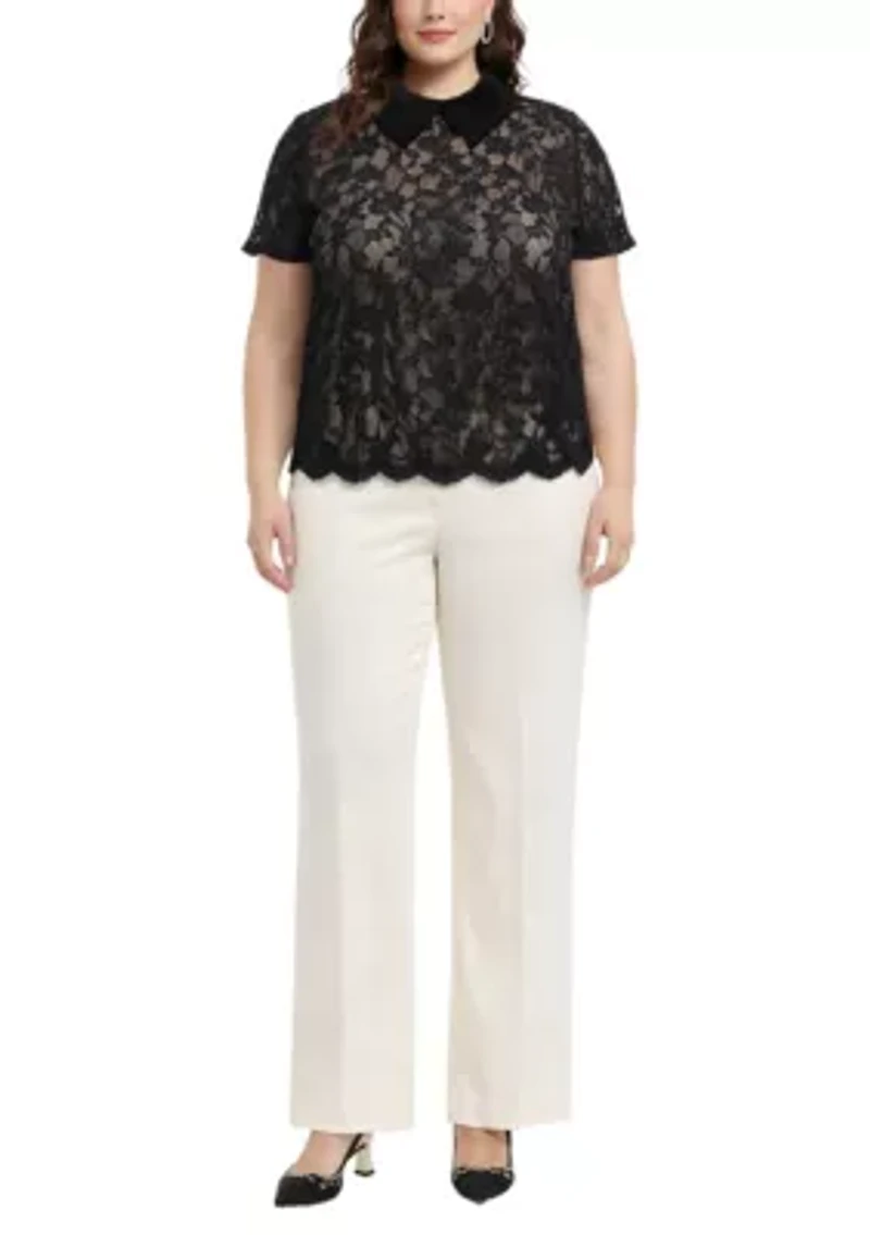 Scallop Edge Lace Collar Short Sleeve Back Keyhole