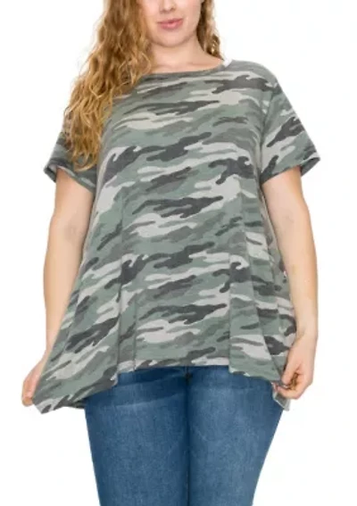 Camo Print French Terry Short Sleeve Button Back Hi-Lo