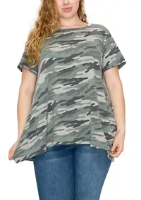Camo Print French Terry Short Sleeve Button Back Hi-Lo
