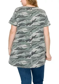 Camo Print French Terry Short Sleeve Button Back Hi-Lo
