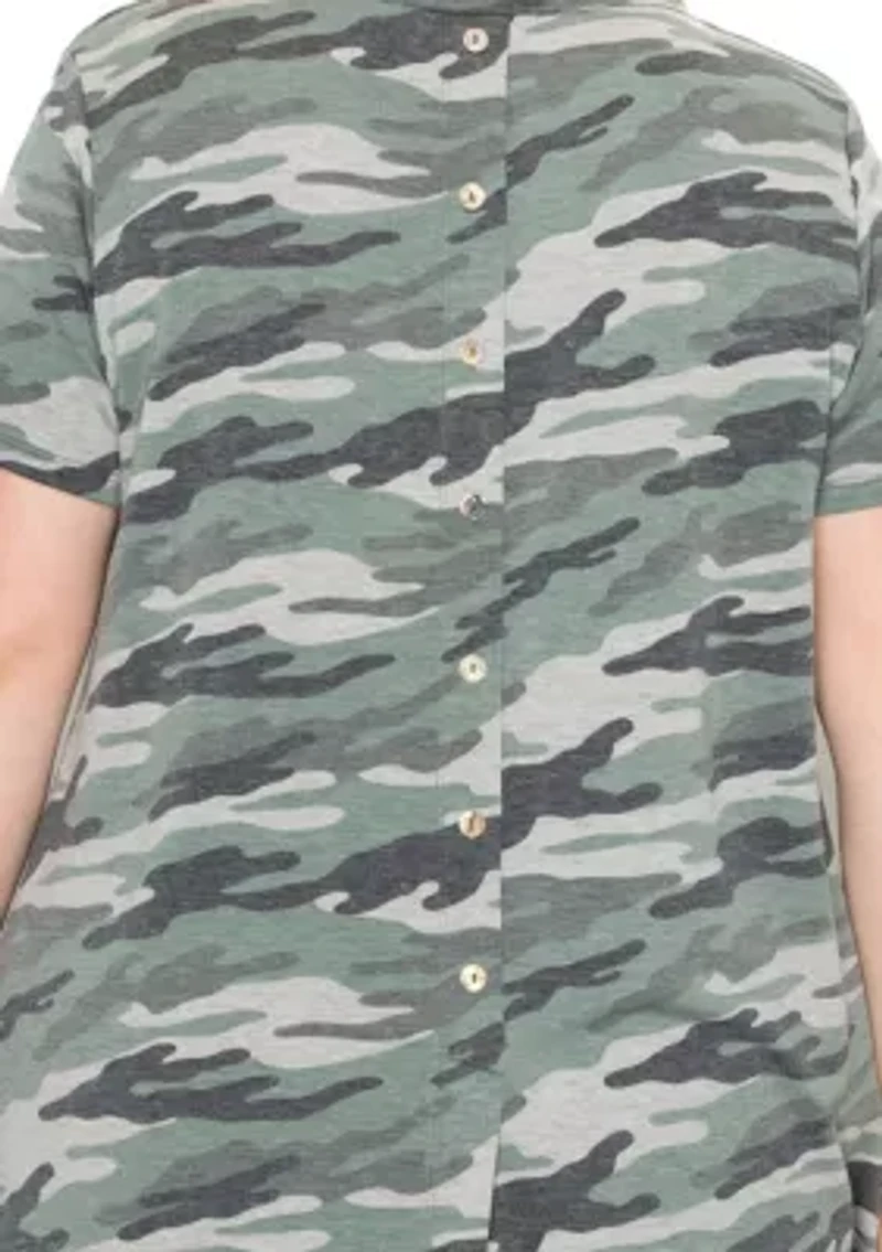 Camo Print French Terry Short Sleeve Button Back Hi-Lo