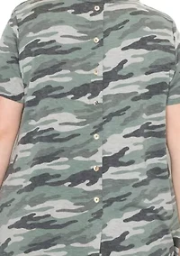 Camo Print French Terry Short Sleeve Button Back Hi-Lo
