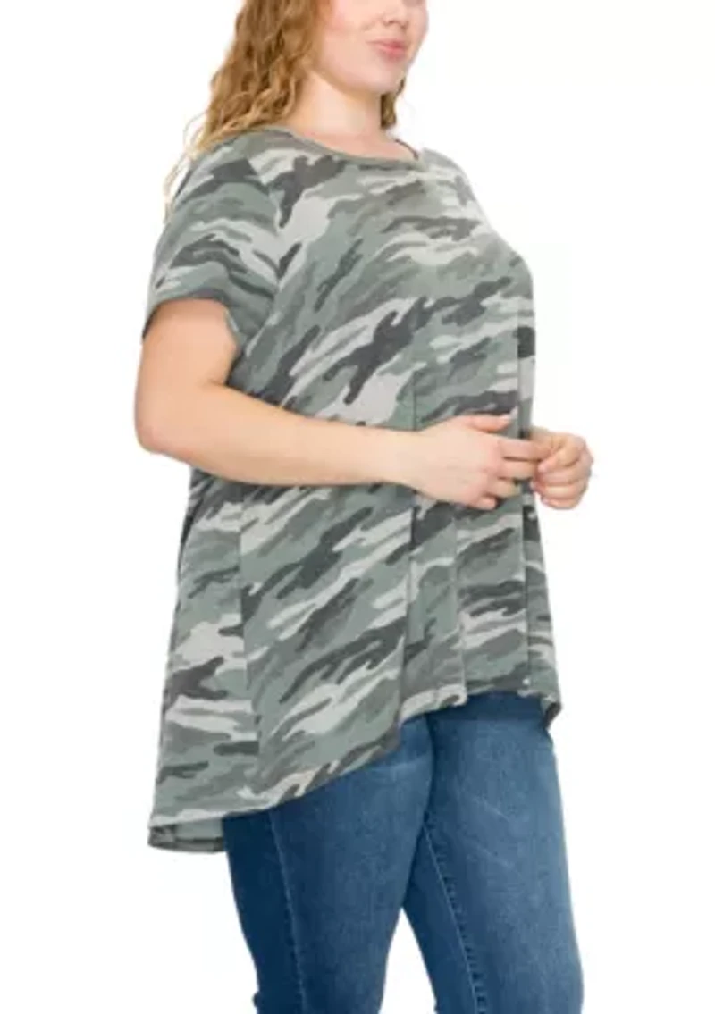 Camo Print French Terry Short Sleeve Button Back Hi-Lo