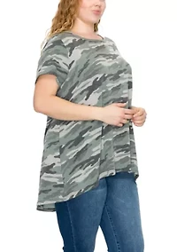 Camo Print French Terry Short Sleeve Button Back Hi-Lo