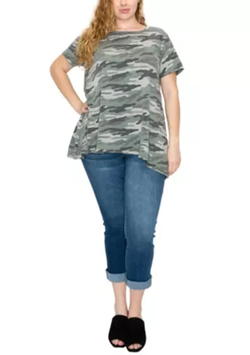 Camo Print French Terry Short Sleeve Button Back Hi-Lo