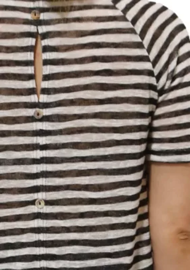 Lightweight Stripe Hacci Short Sleeve Button Back