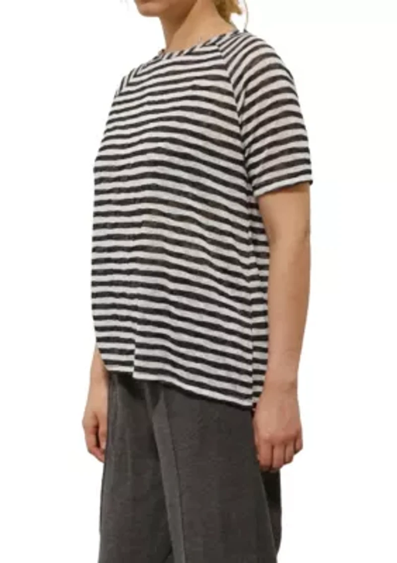 Lightweight Stripe Hacci Short Sleeve Button Back