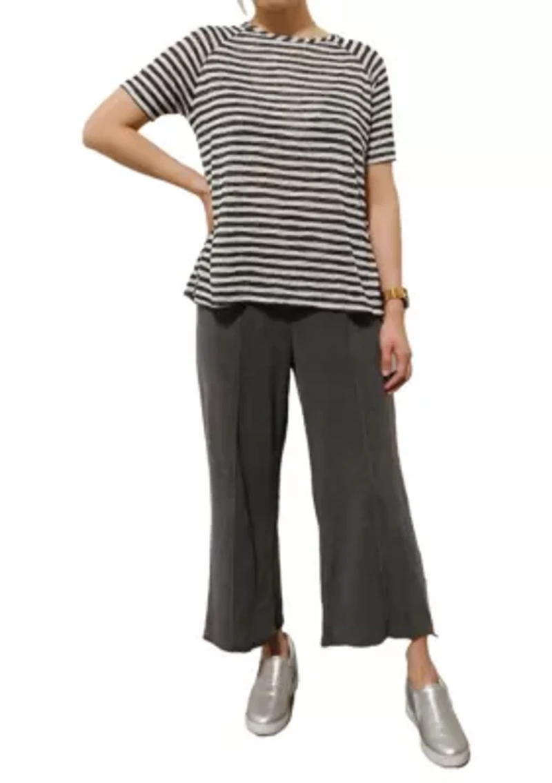 Lightweight Stripe Hacci Short Sleeve Button Back