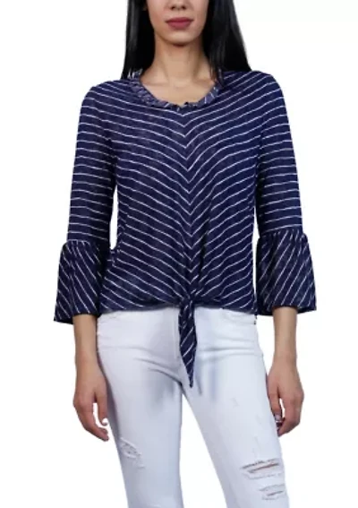 Stripe Bell Sleeve Tie Front V Neck