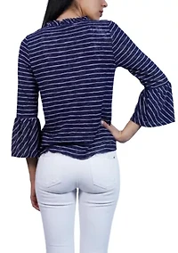 Stripe Bell Sleeve Tie Front V Neck