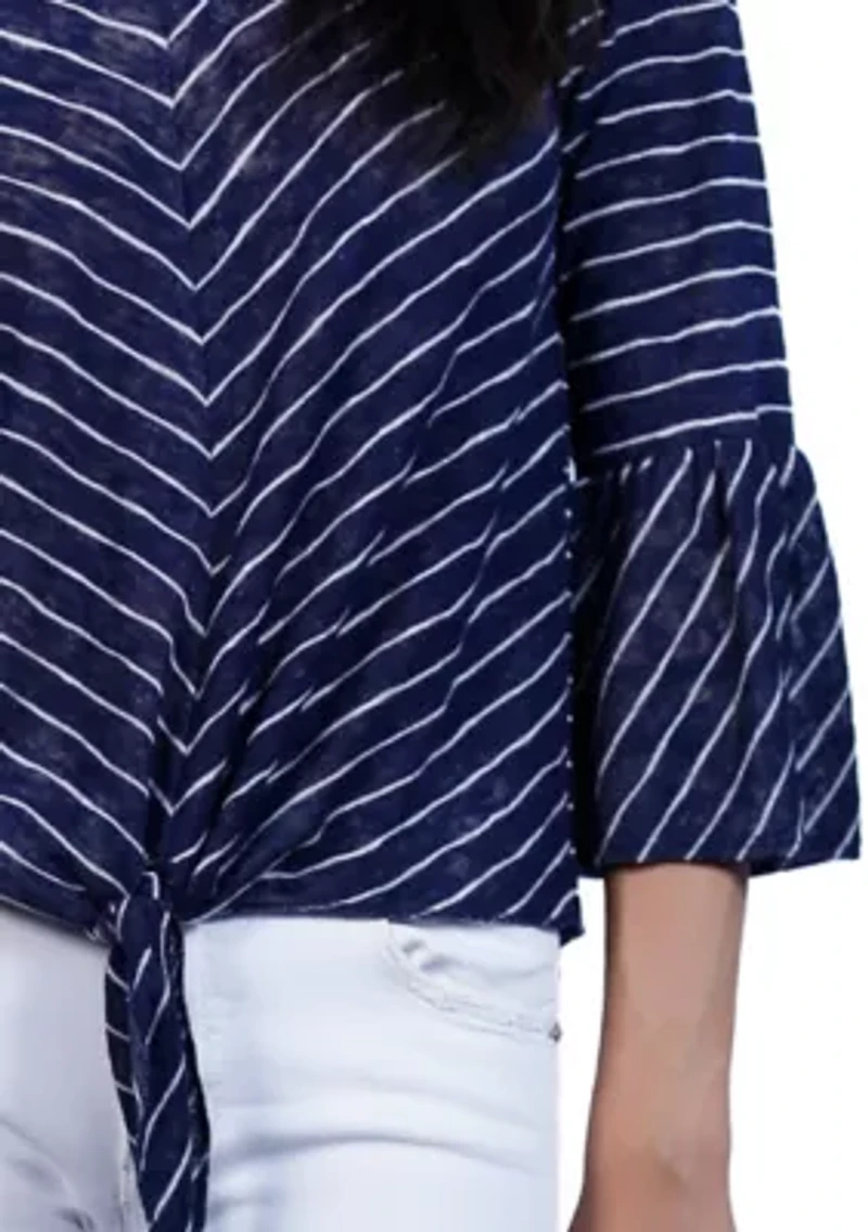 Stripe Bell Sleeve Tie Front V Neck