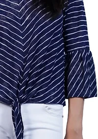 Stripe Bell Sleeve Tie Front V Neck
