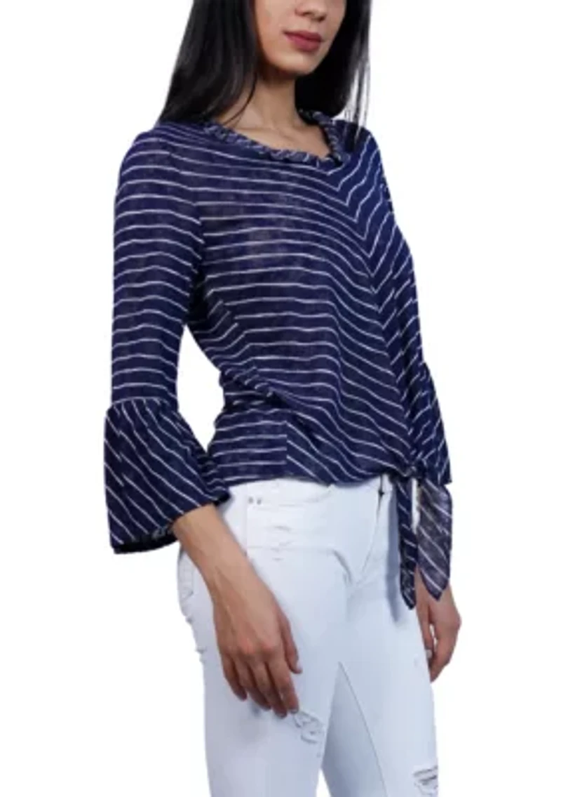 Stripe Bell Sleeve Tie Front V Neck