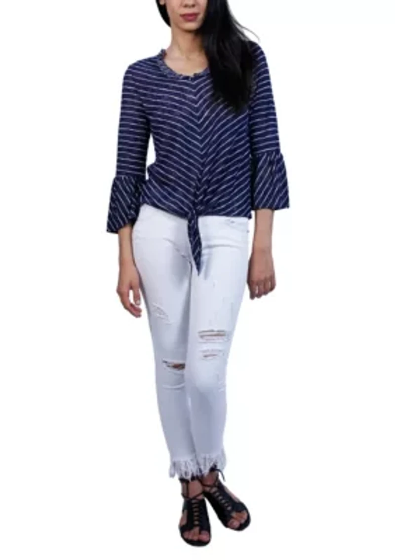 Stripe Bell Sleeve Tie Front V Neck