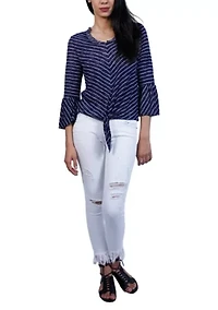 Stripe Bell Sleeve Tie Front V Neck