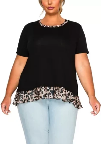 Leopard Print Mesh Pleat Back S/Slv