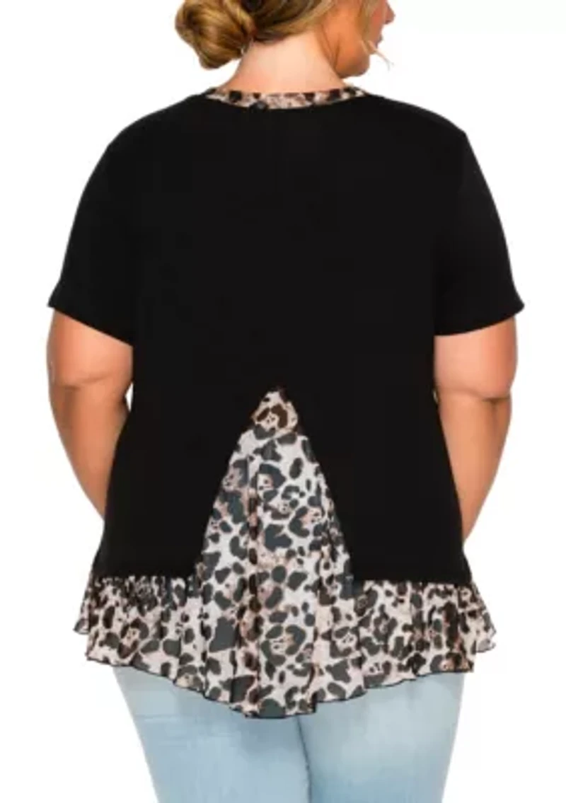 Leopard Print Mesh Pleat Back S/Slv