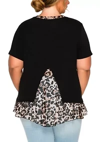 Leopard Print Mesh Pleat Back S/Slv