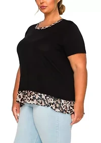 Leopard Print Mesh Pleat Back S/Slv