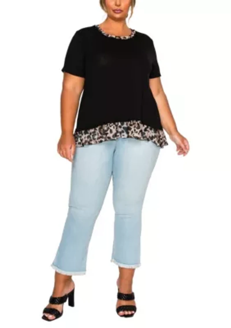 Leopard Print Mesh Pleat Back S/Slv
