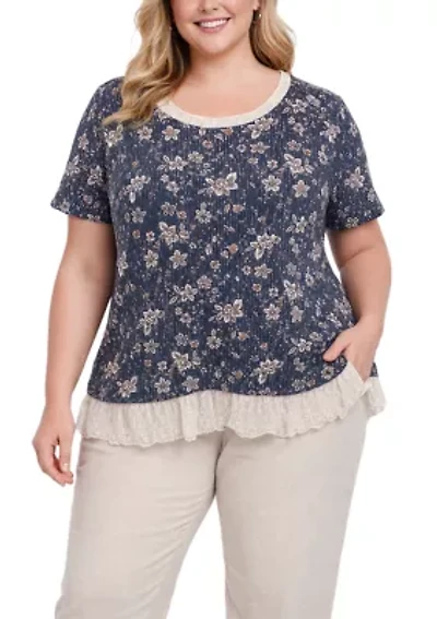 Boho Floral Rib And Lace Pleat Back Short Sleeve