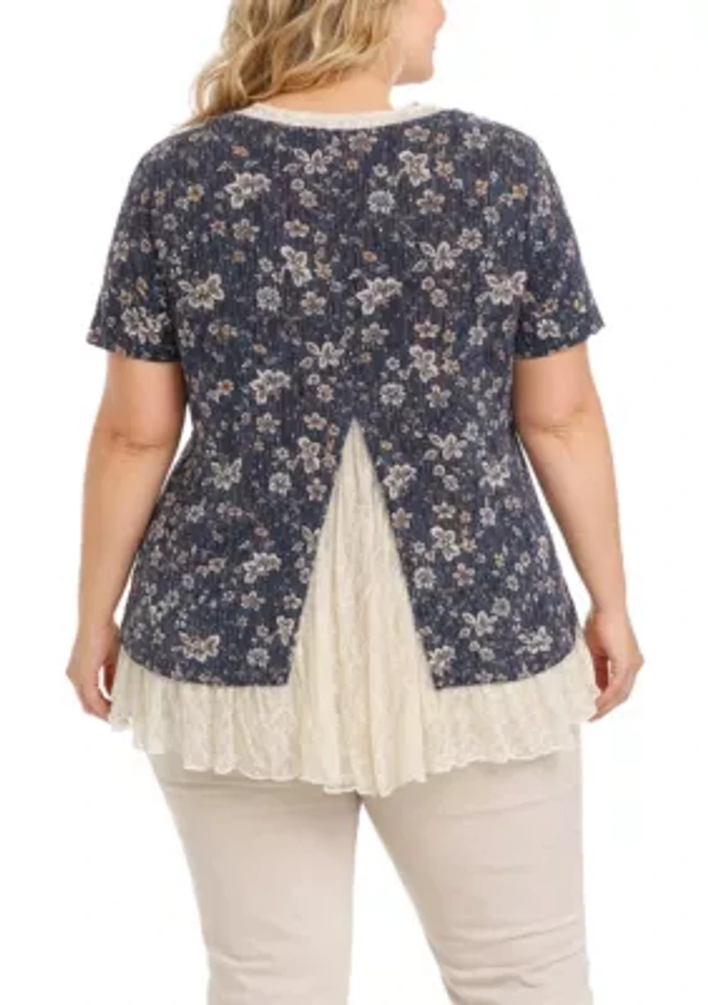 Boho Floral Rib And Lace Pleat Back Short Sleeve