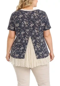 Boho Floral Rib And Lace Pleat Back Short Sleeve