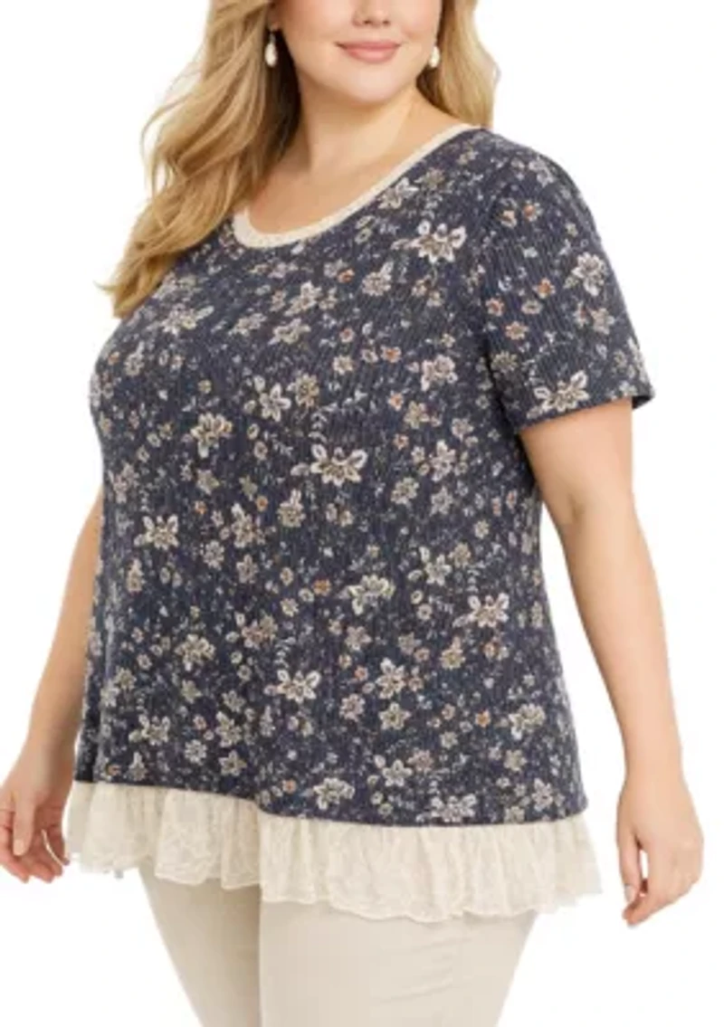 Boho Floral Rib And Lace Pleat Back Short Sleeve