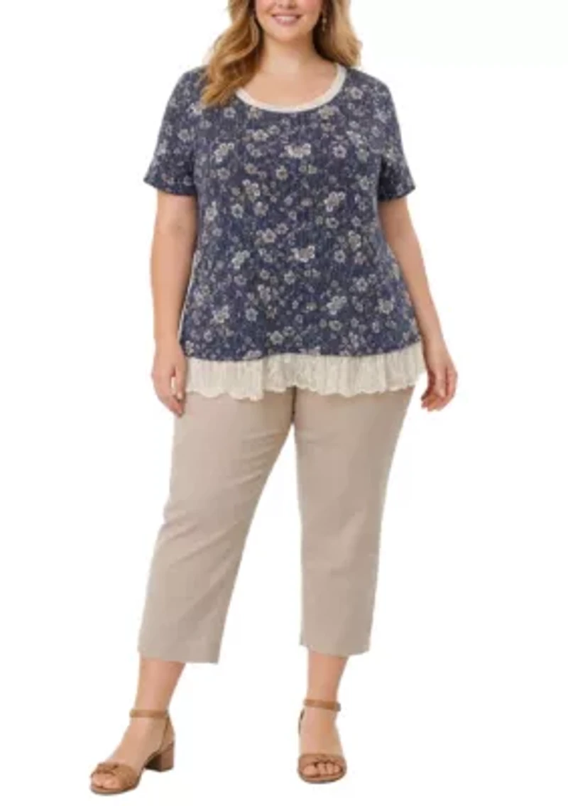 Boho Floral Rib And Lace Pleat Back Short Sleeve