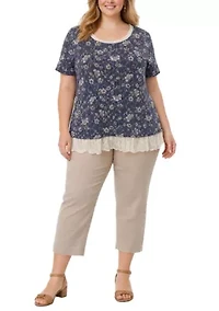 Boho Floral Rib And Lace Pleat Back Short Sleeve