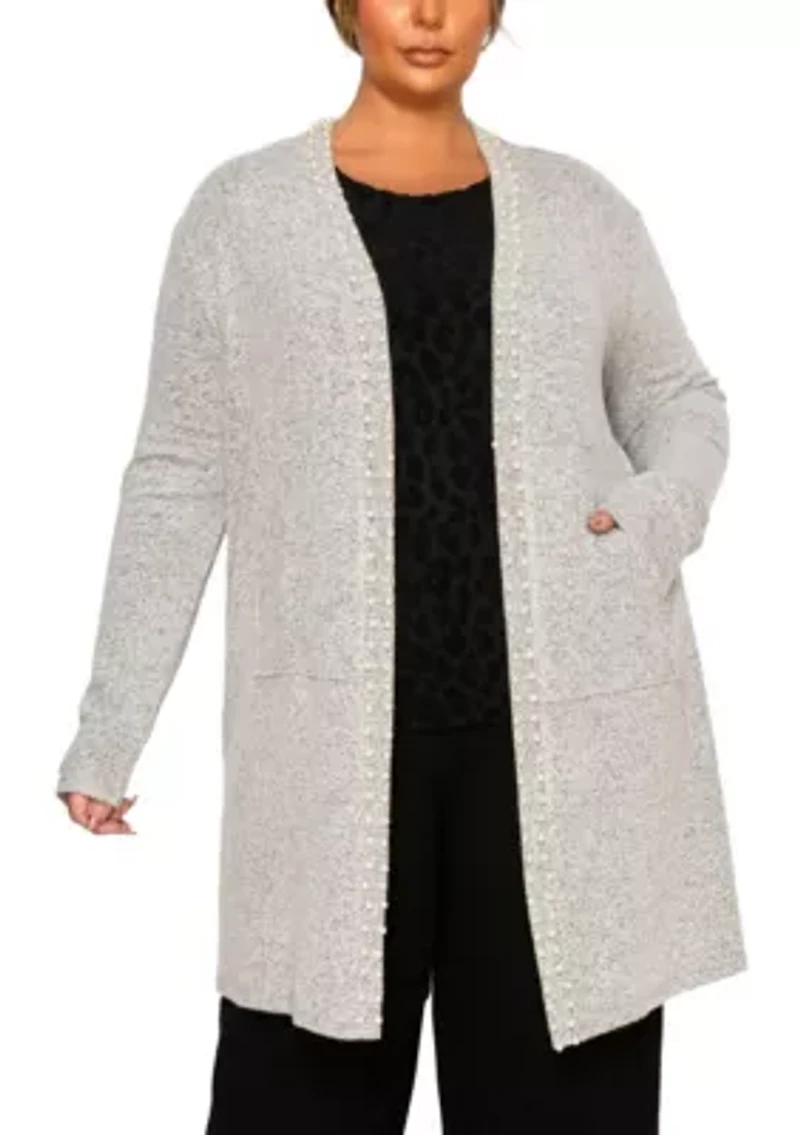 Plus Cozy Pocket Cardigan with Pearls