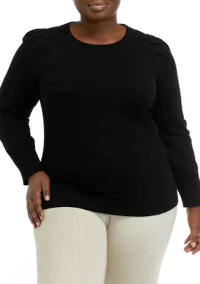 Plus Crew Neck Sweater with Puff Sleeves