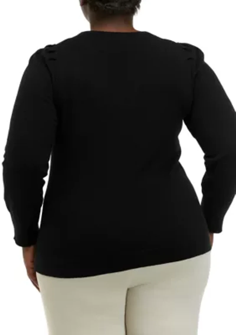 Plus Crew Neck Sweater with Puff Sleeves