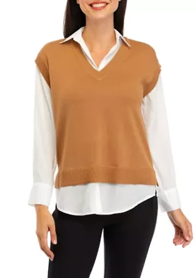 Petite V-Neck 2Fer Sweater