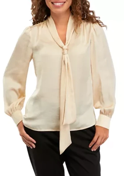 Petite Blouson Sleeve Tie Neck Blouse