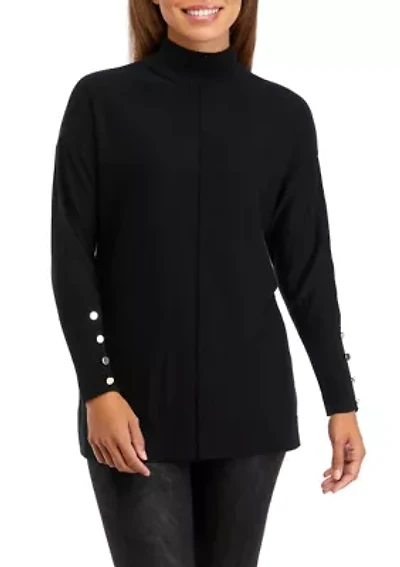 Petite Long Sleeve Mock Neck Sweater with Buttons