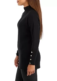 Petite Long Sleeve Mock Neck Sweater with Buttons