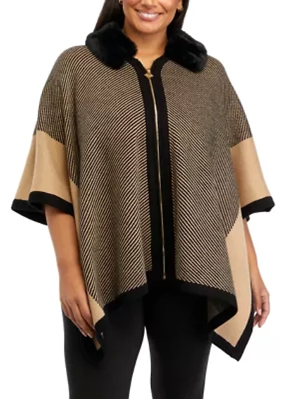 Plus Fur Trimmed Zip Front Poncho