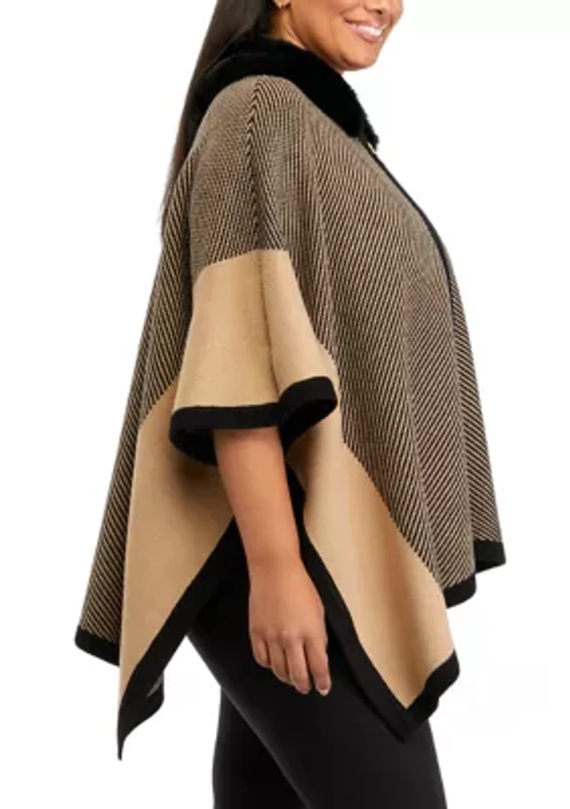 Plus Fur Trimmed Zip Front Poncho